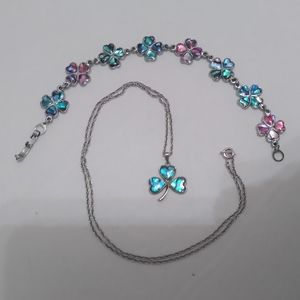 Necklace and bracelet clover set abalone